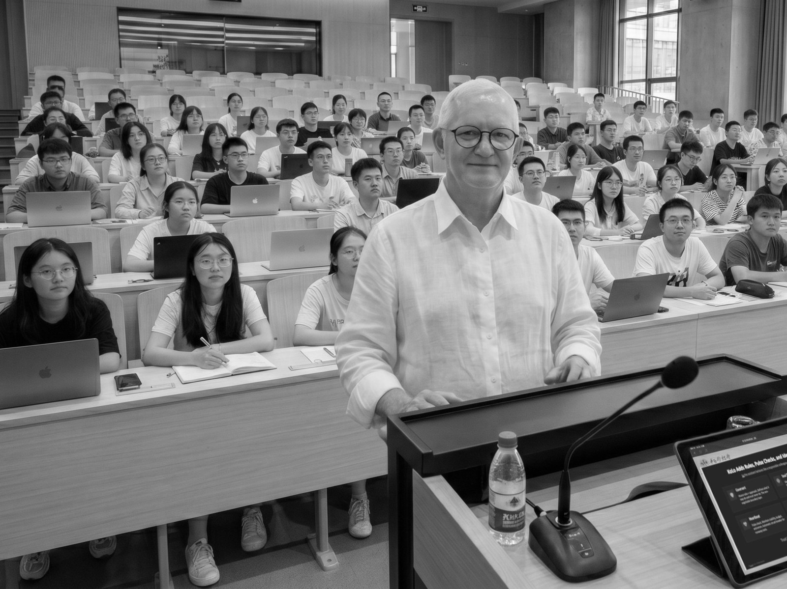 Carlos Mundim、満員の大学講堂で講義する様子