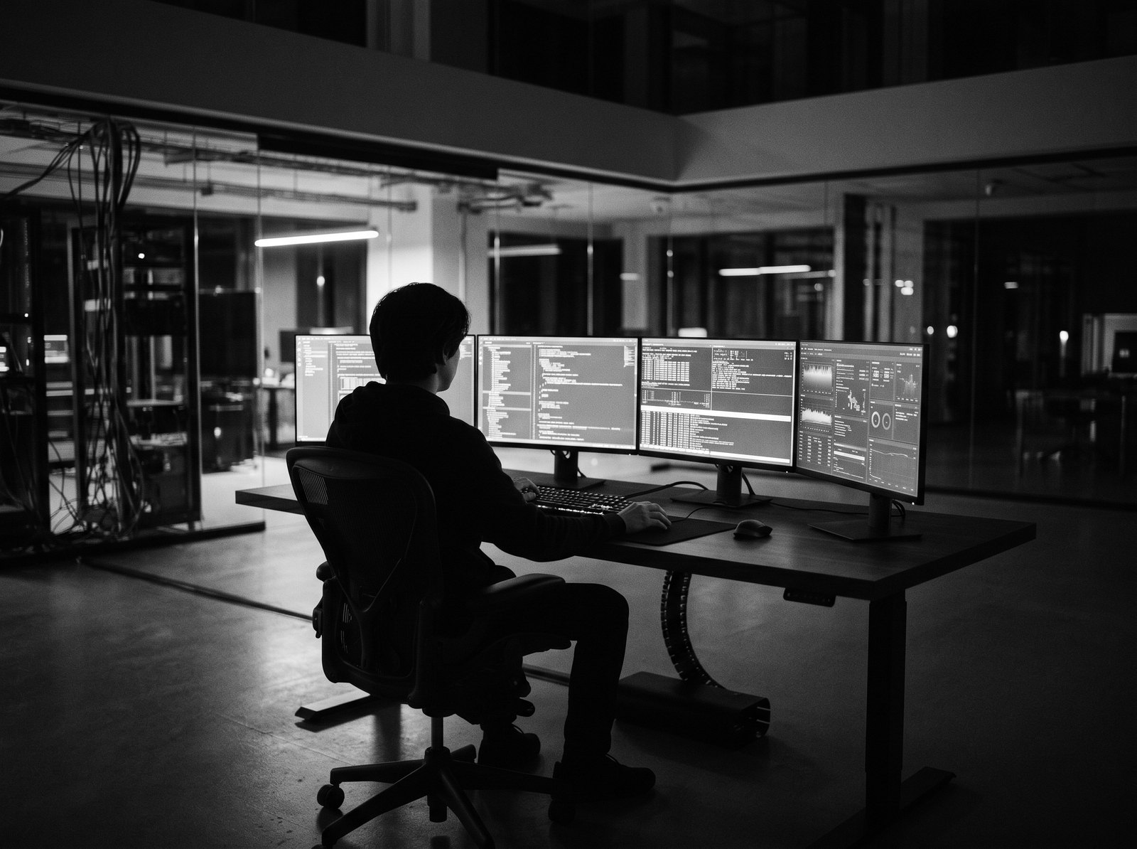 端末に向かうエージェント —— 深夜の研究室、マルチモニターのワークステーションに座る顔のない人影